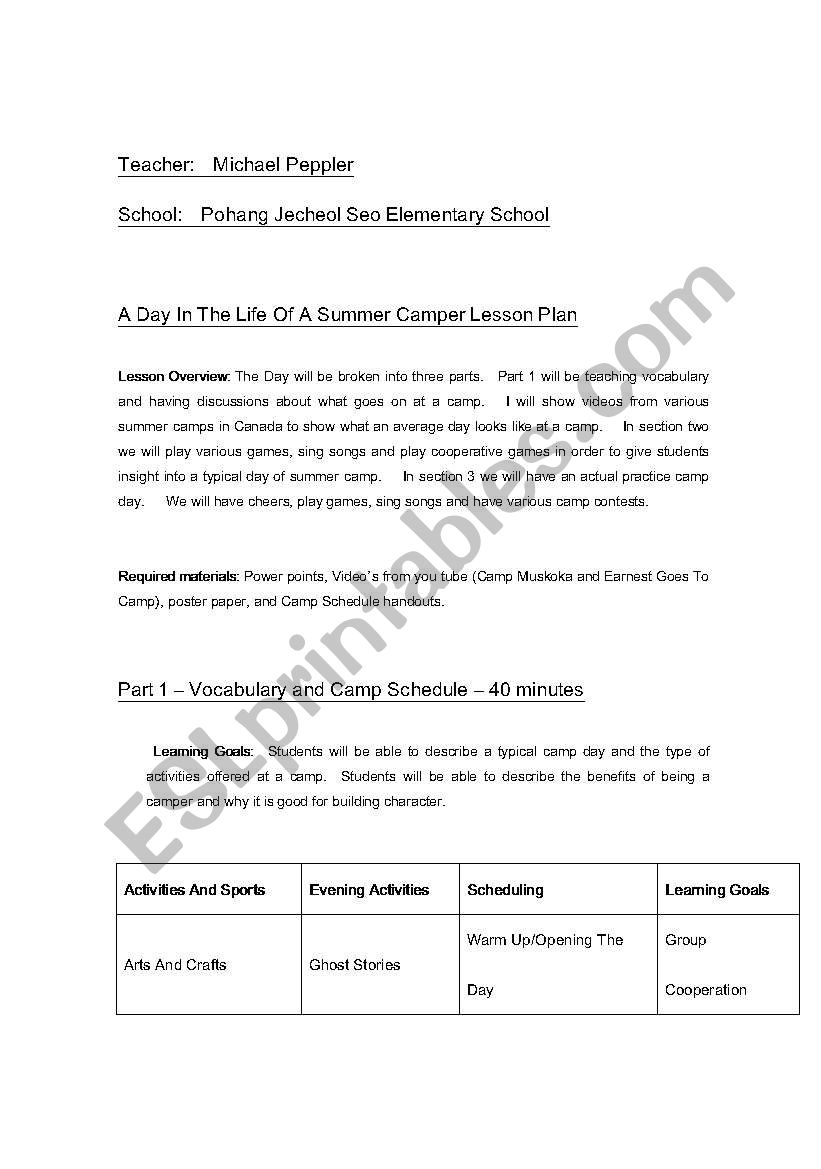 A Day In The Life Of A Camper worksheet