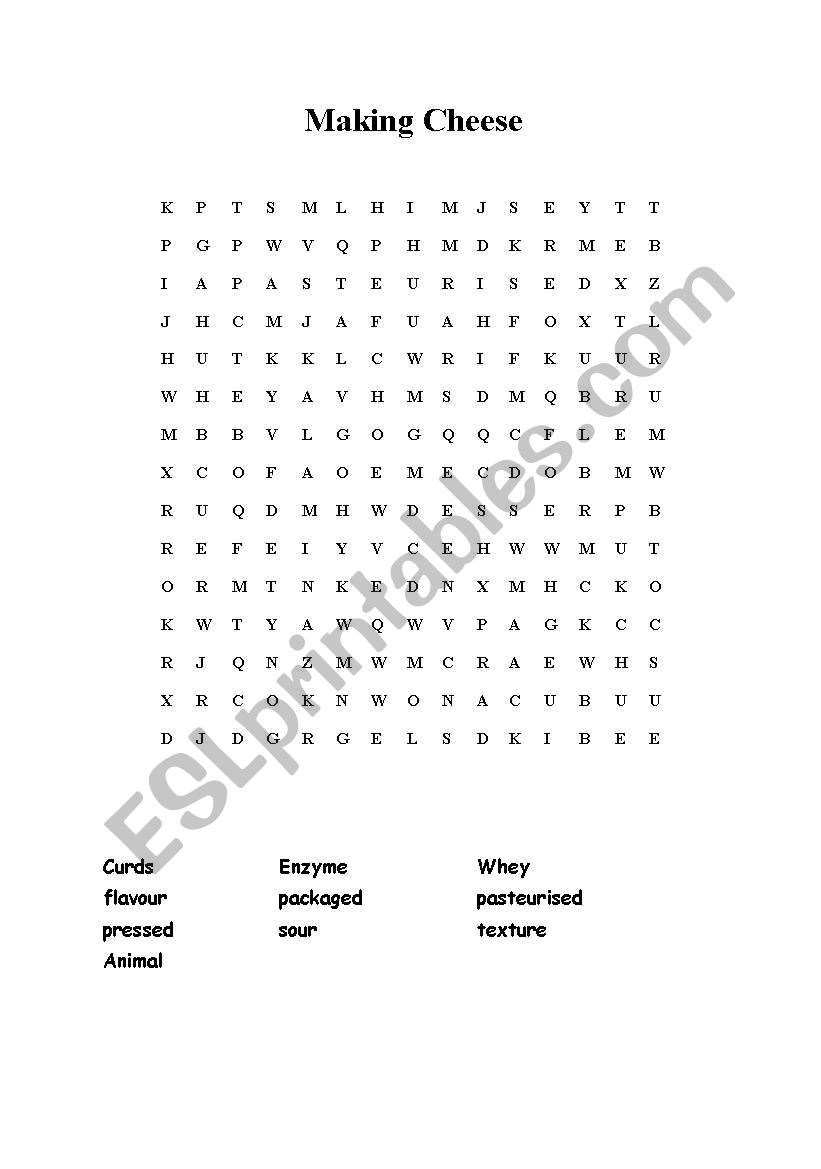 English Worksheets Making Cheese Wordsearch