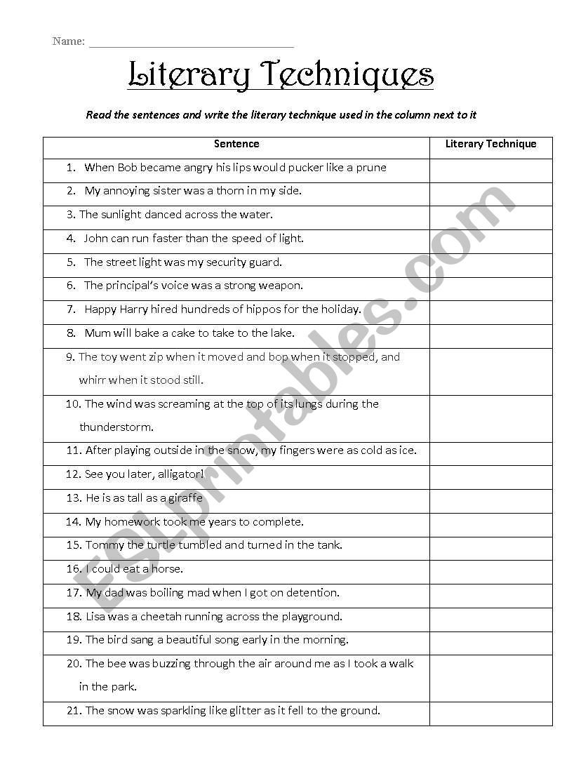 Literary techniques - ESL worksheet by mariatsev Within Literary Devices Worksheet Pdf