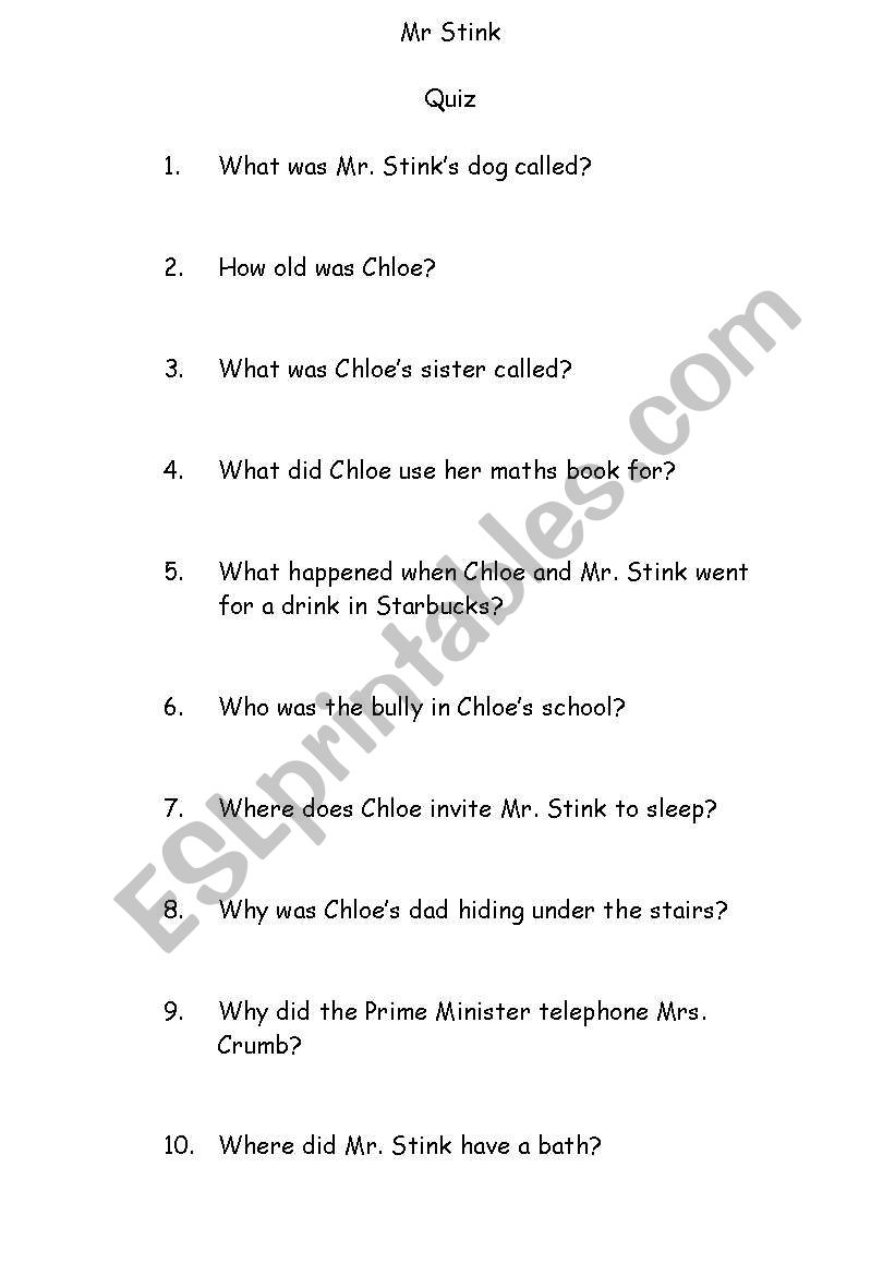 Mr. Stink Quiz worksheet