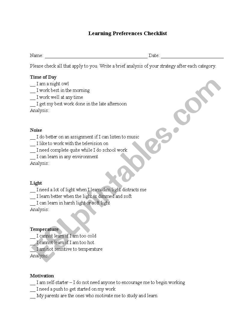 Learning Preference Checklist worksheet