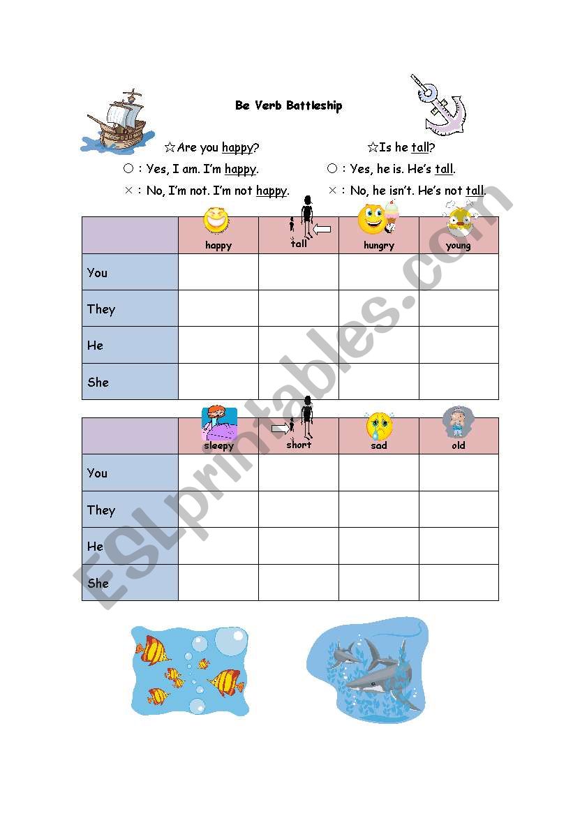 Be Verb Battleship worksheet