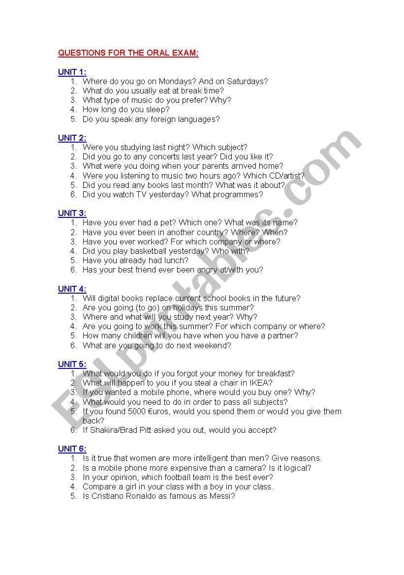 Questions For Oral Exam ESL Worksheet By Andjifer