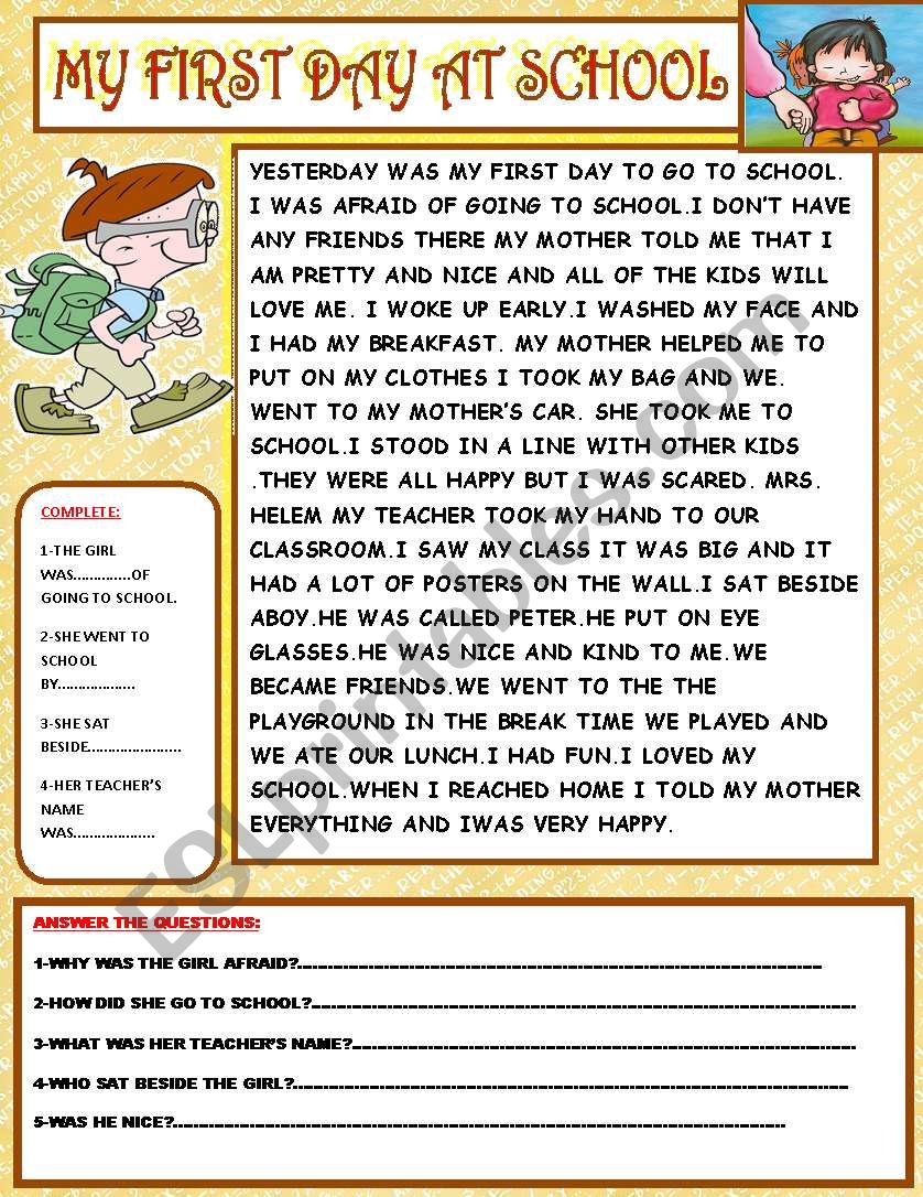 MY FIRST DAY AT SCHOOL ESL Worksheet By Wonderful Teacher