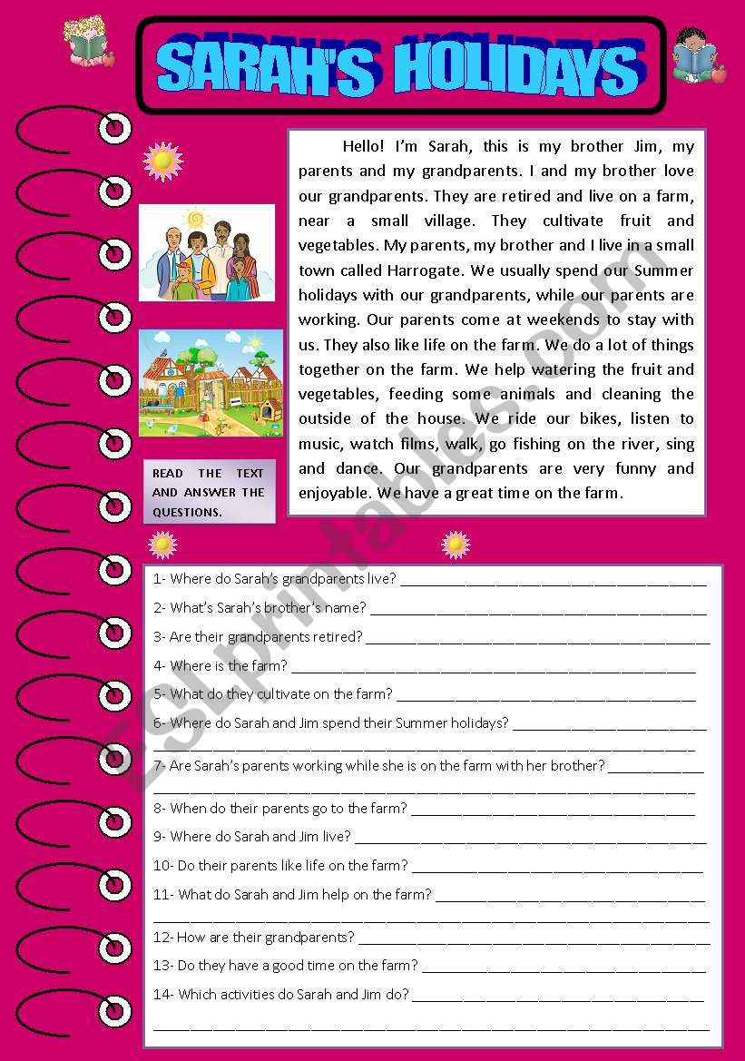 sarah s holidays on a farm reading and comprehension esl worksheet by sandytita