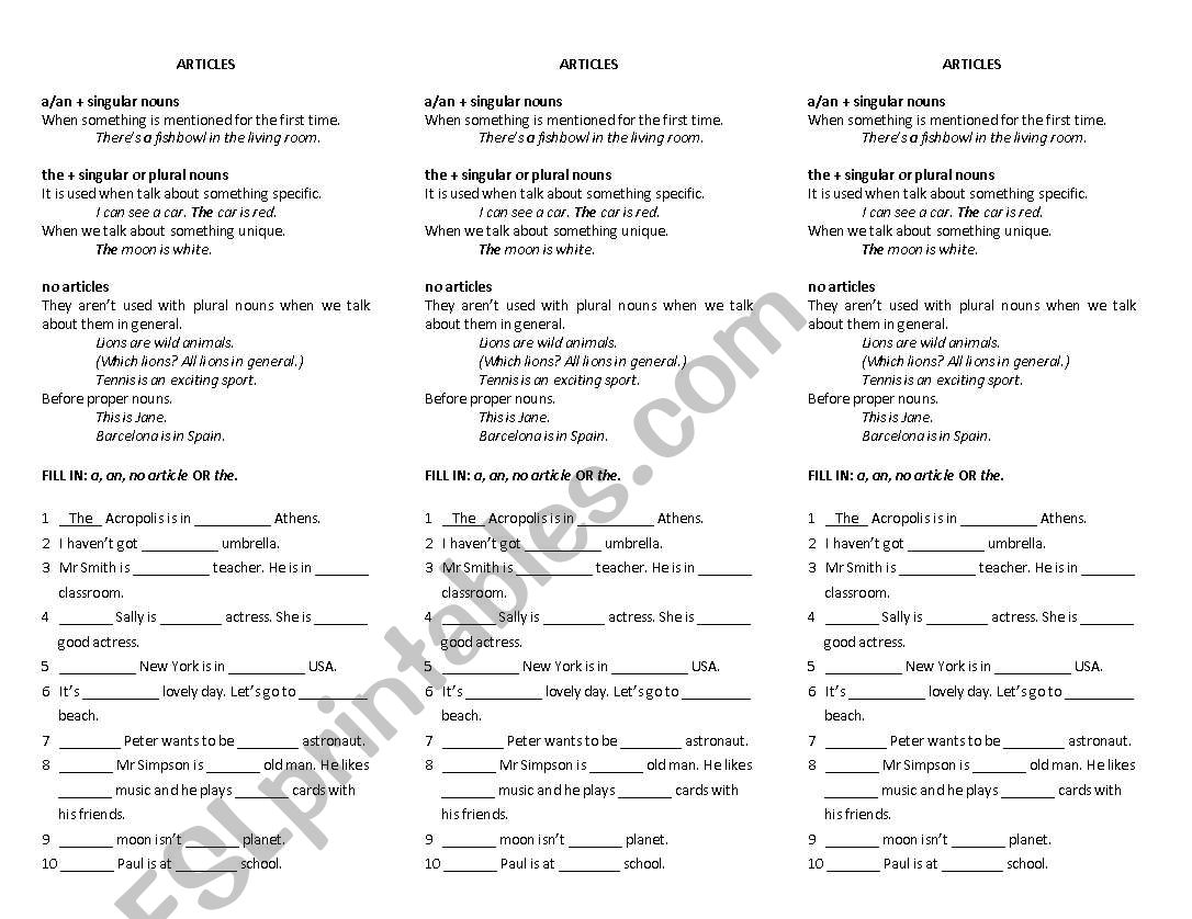 ARTICLES worksheet