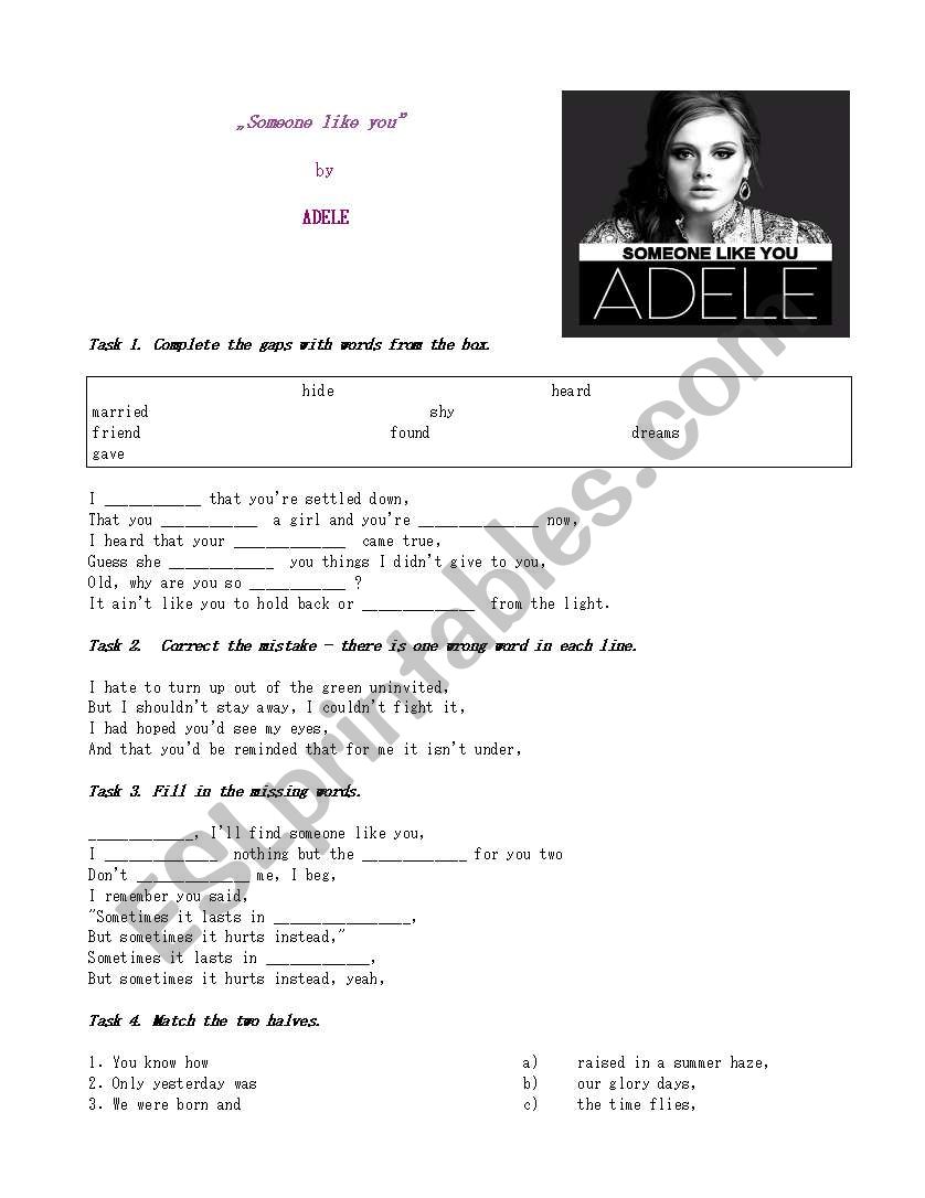 Adele, Someone like you, song worksheet
