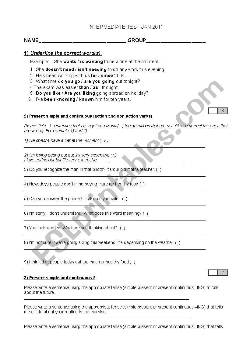 test for intermediates worksheet
