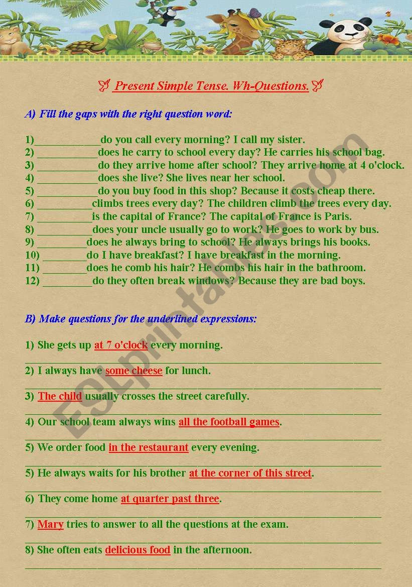 Present Simple Tense Wh Questions ESL Worksheet By PetiteFleur