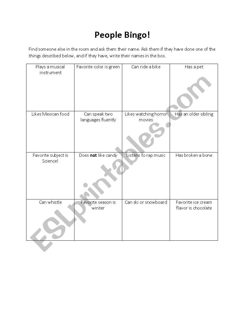 People Bingo worksheet