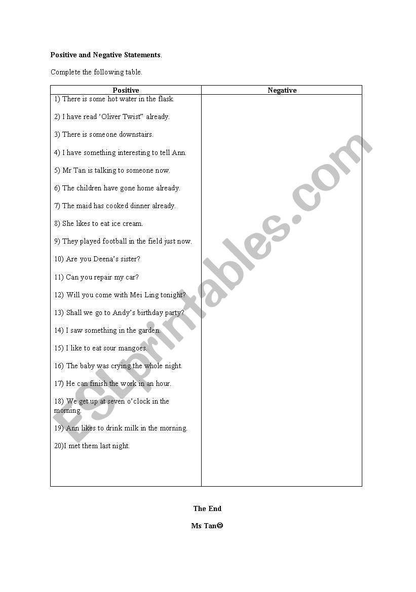 Positive & negative statement worksheet