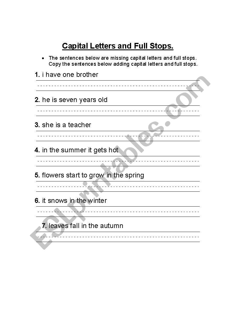 English Worksheets Capital Letters And Full Stops 