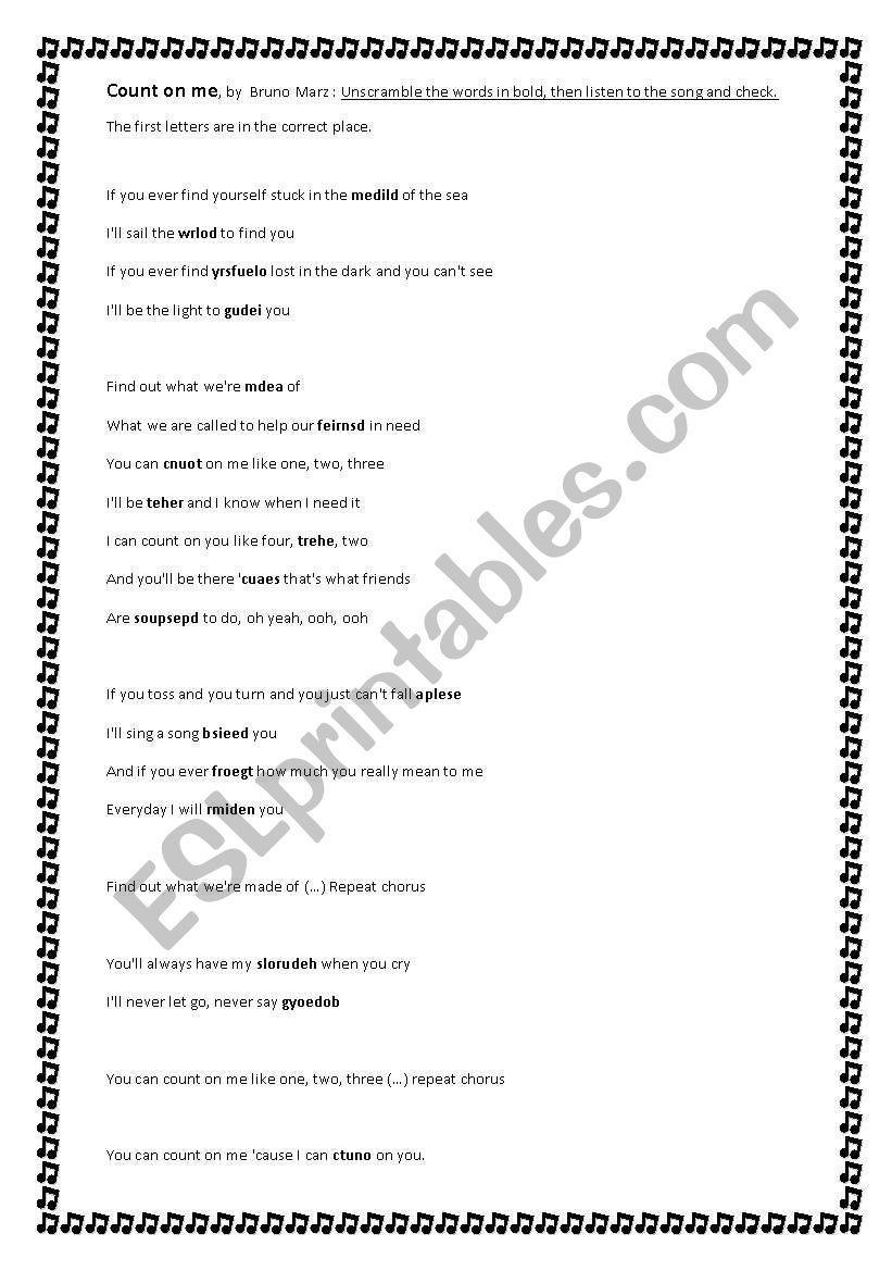 Count on me by Bruno Marz worksheet