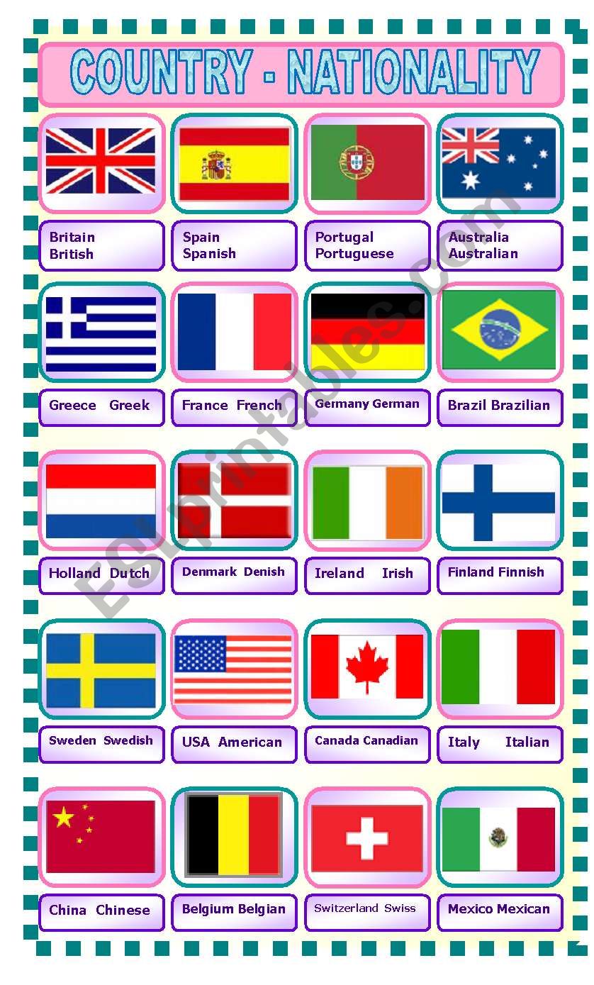 COUNTRIES AND NATIONALITIES FLAGS ESL Worksheet By Sandytita