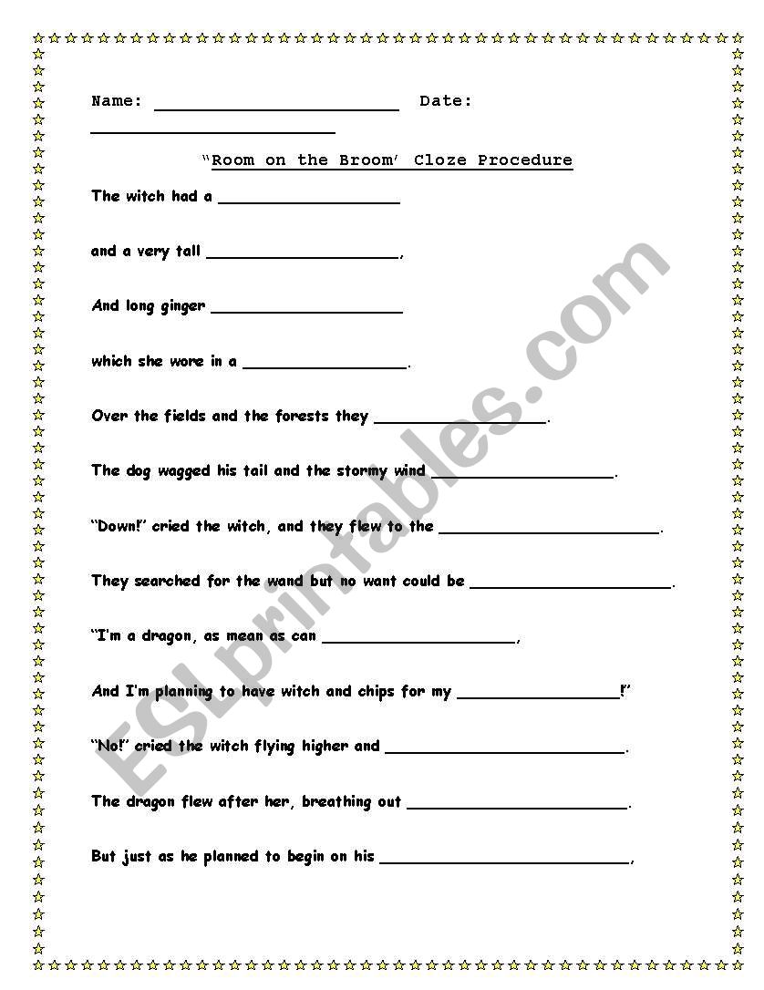 English worksheets: ´Room on the Broom´ cloze procedure