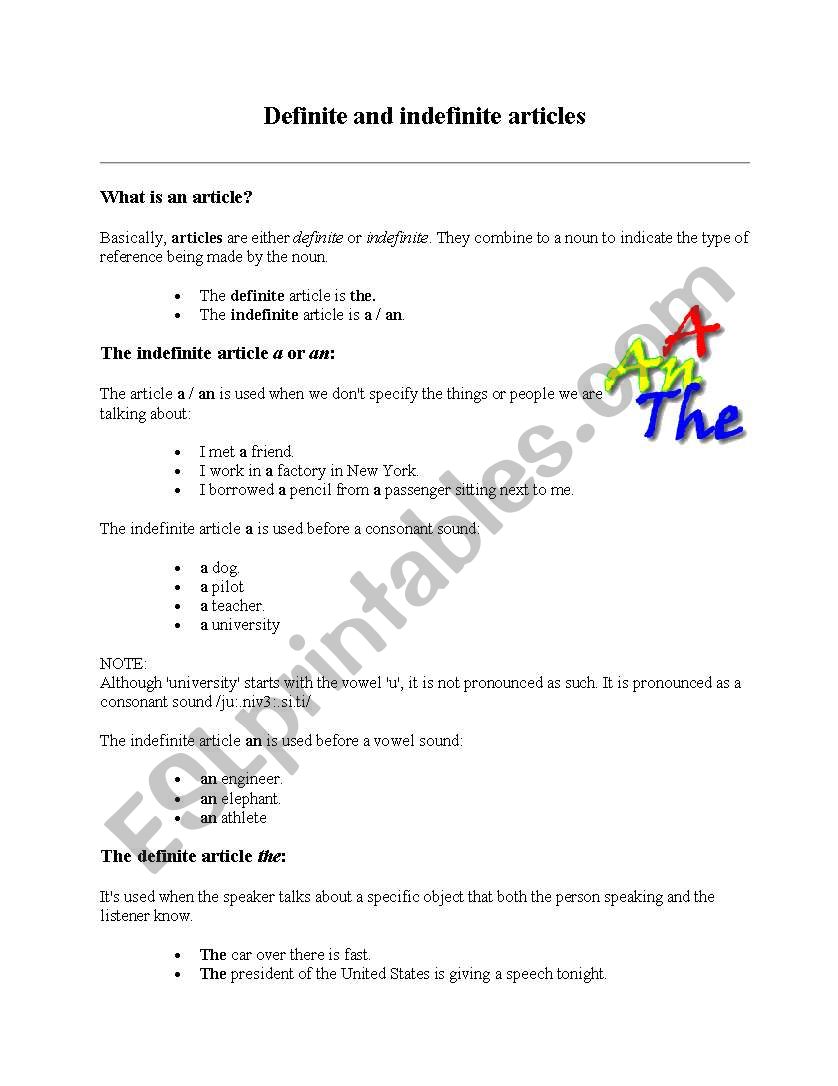 articles worksheet