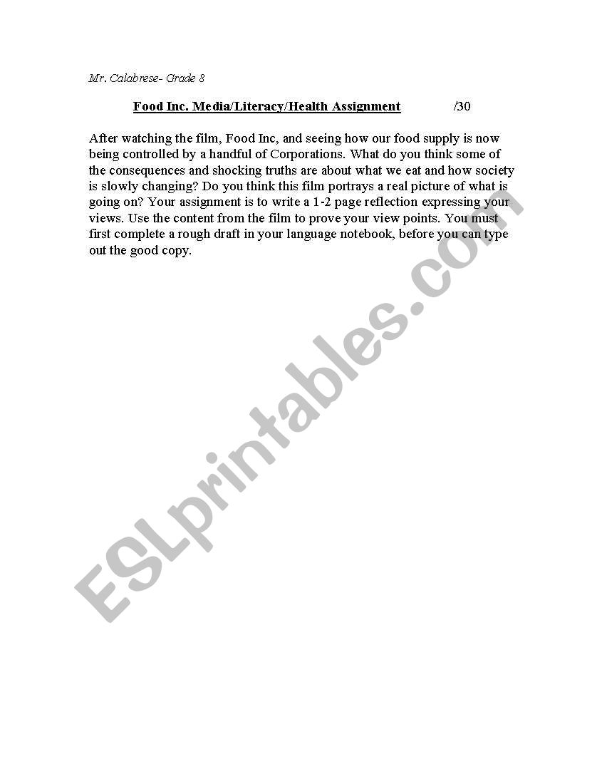 Food Inc. Assignment worksheet