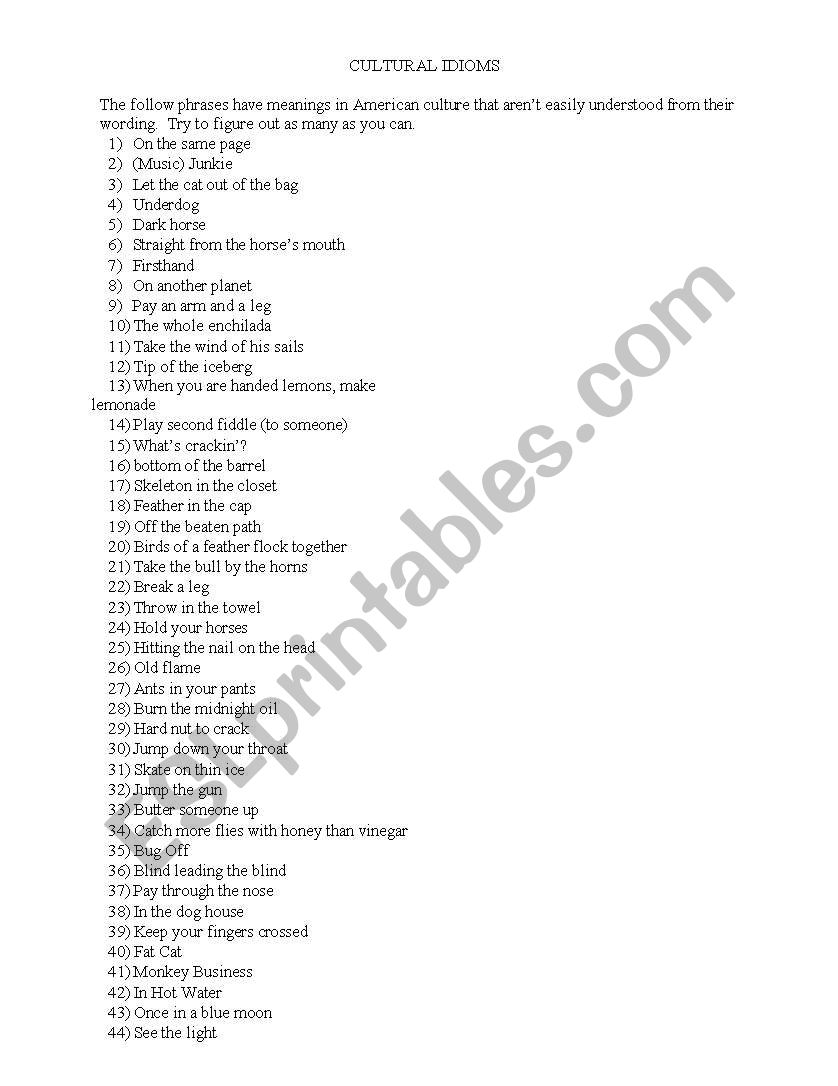 US Cultural Idioms worksheet