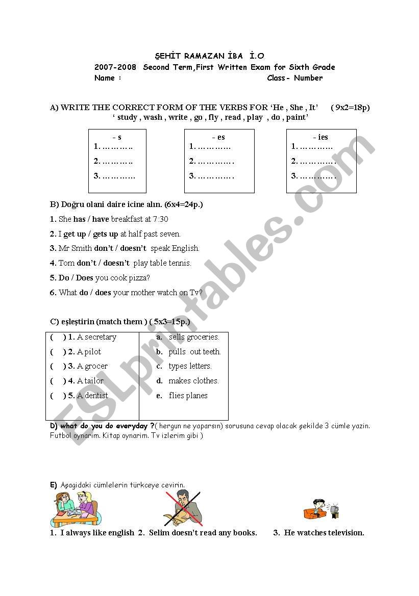 6.grades 2.term 1.exam worksheet