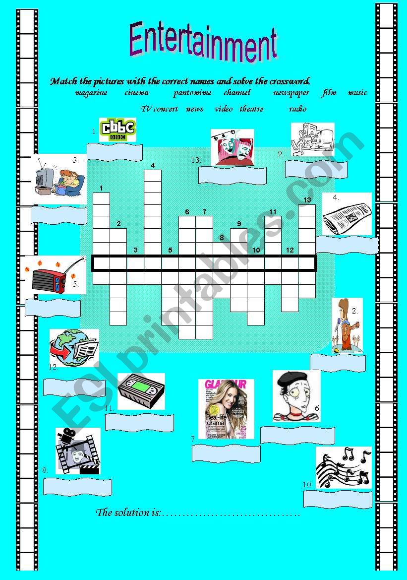 Entertainment matching and crossword ESL worksheet by adrie toth