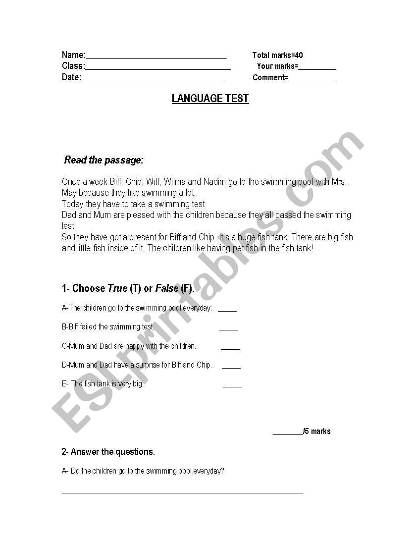 elementary language text worksheet