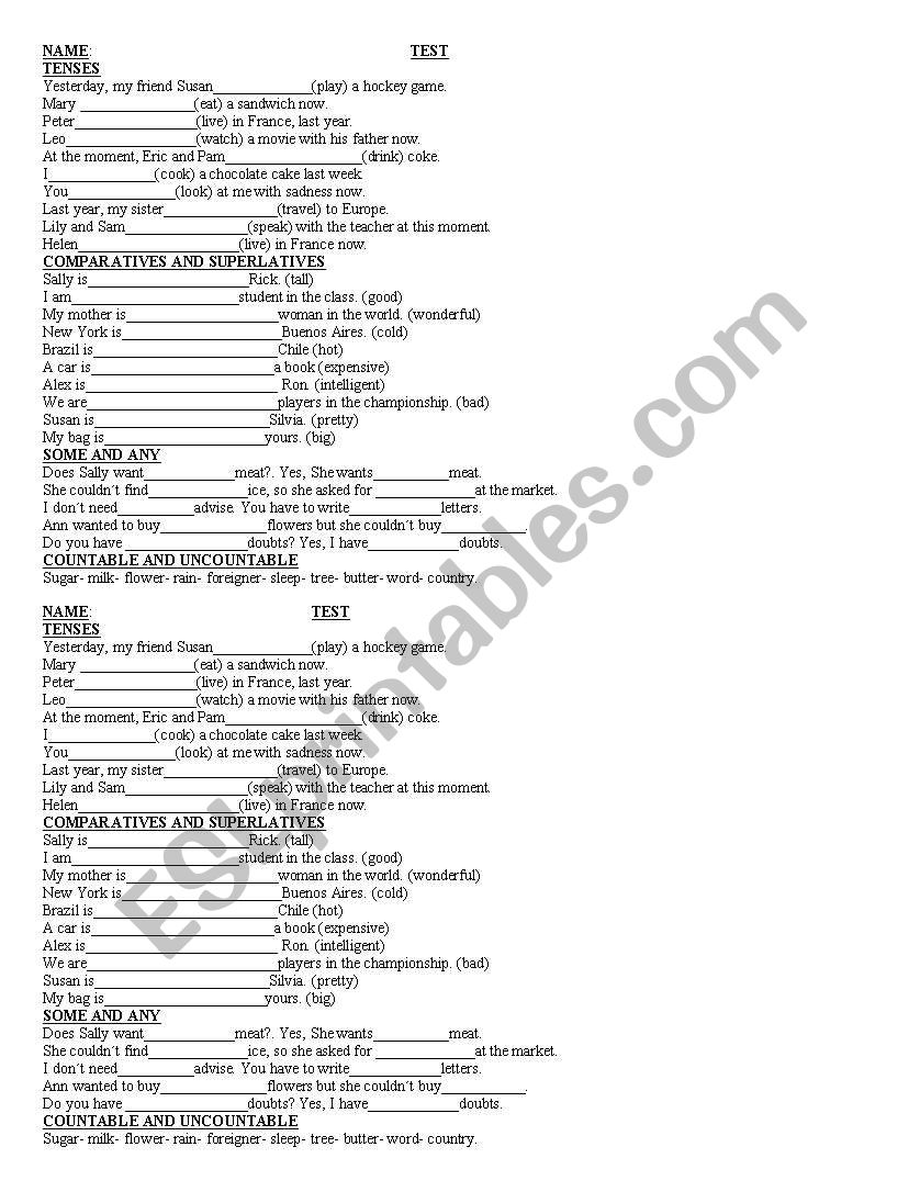 test on tenses worksheet