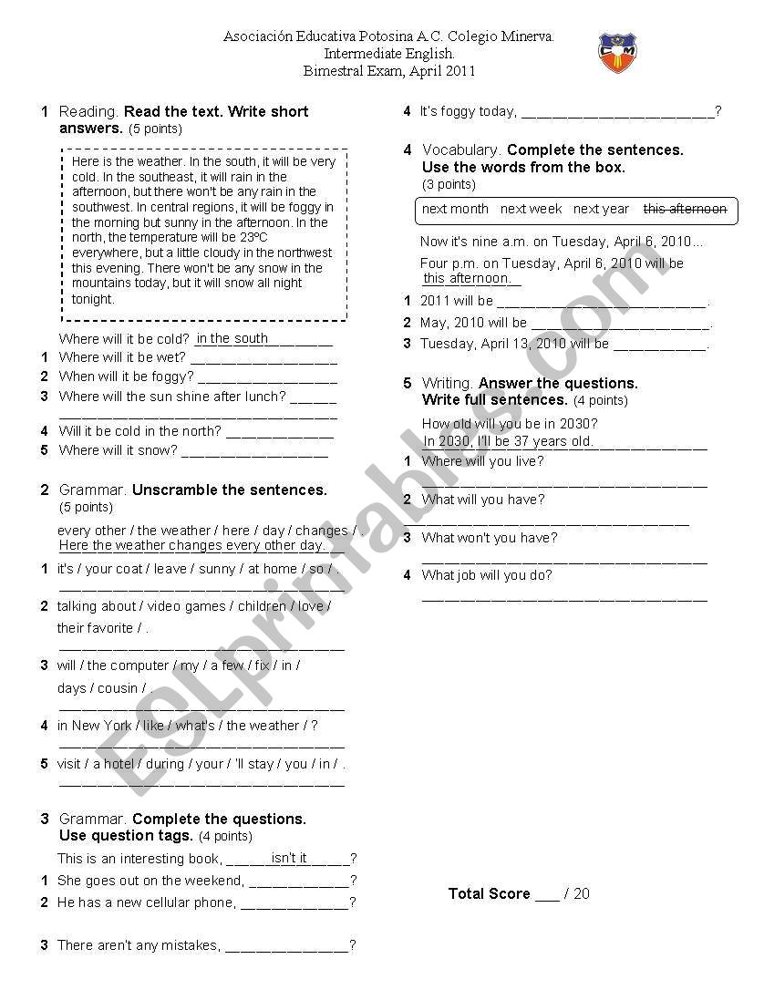 Exam will and question tags worksheet