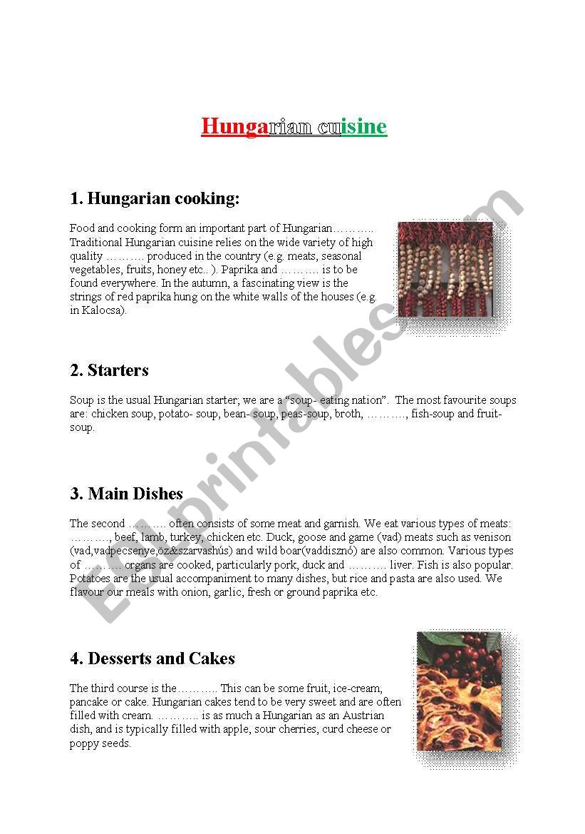 Hungarian cuisine worksheet