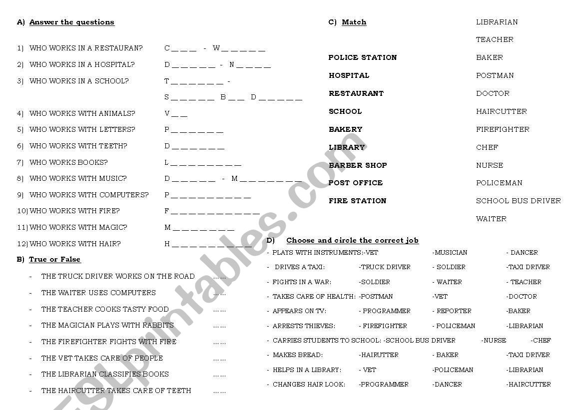 People & Jobs worksheet