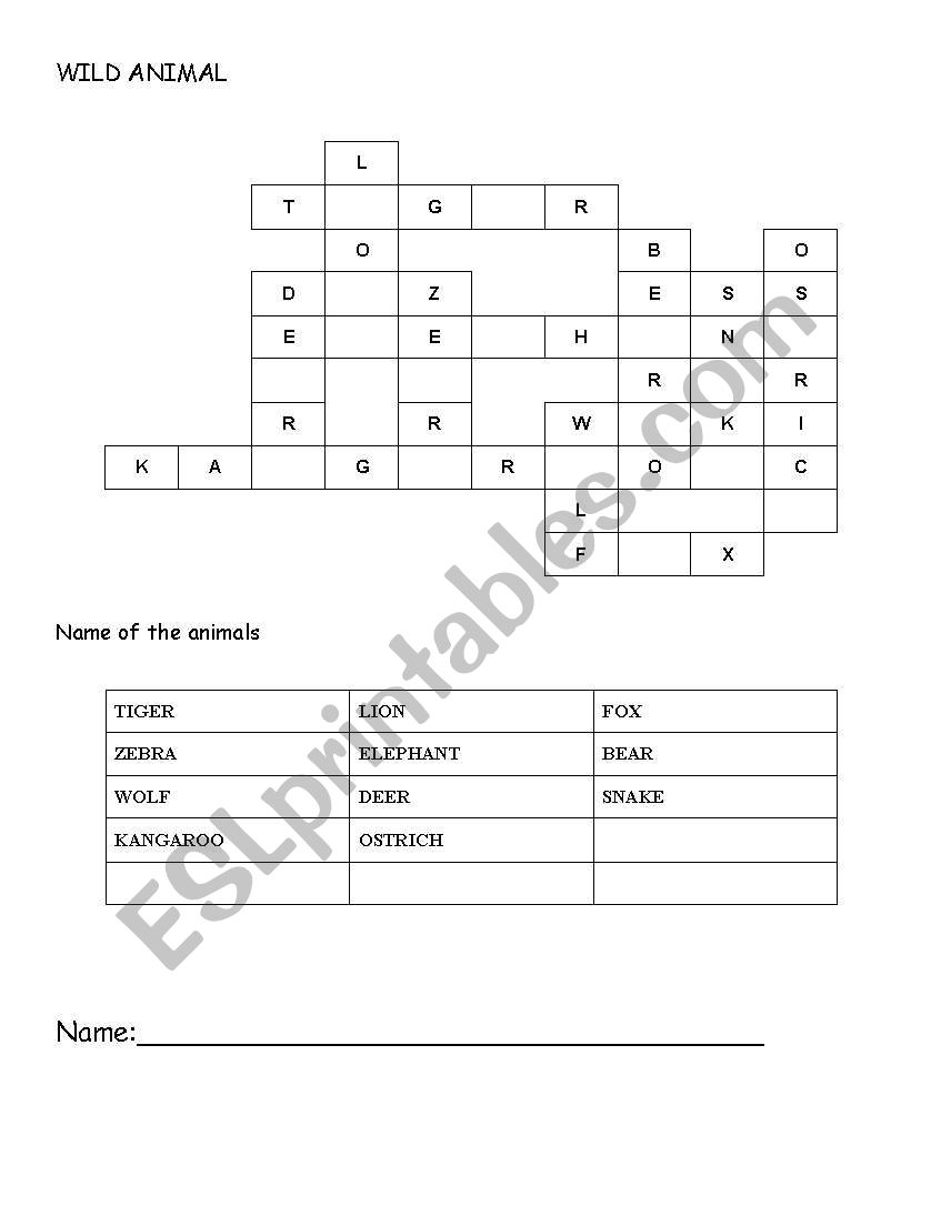 wild animal crossword for kids