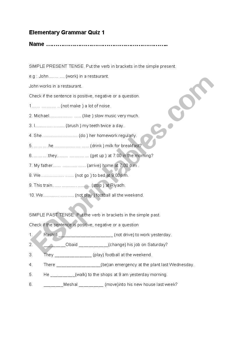 Elementary grammar quiz worksheet