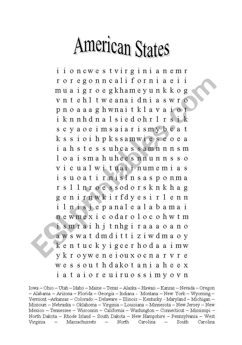 American States word Search ESL Worksheet By Fred06