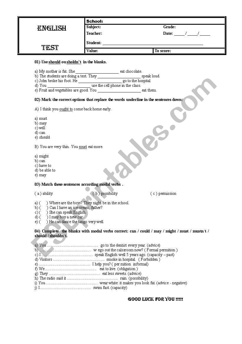 English Test. worksheet