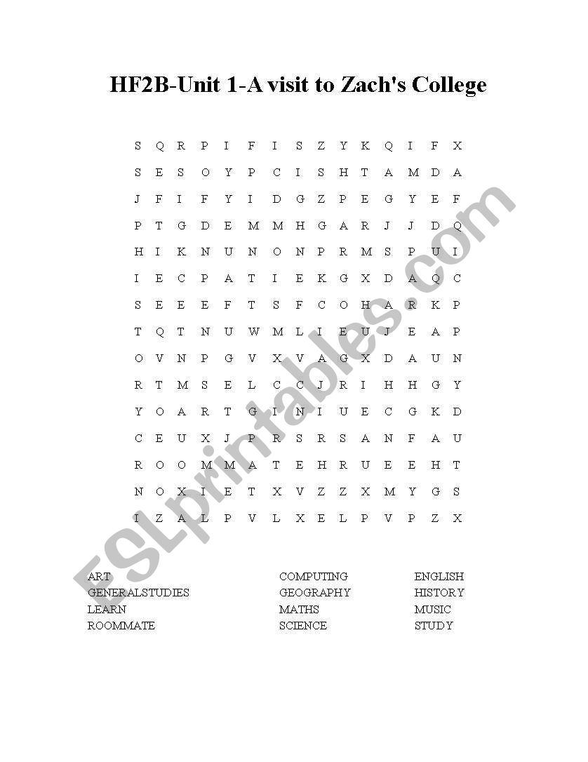 Wordsearch course subjects worksheet