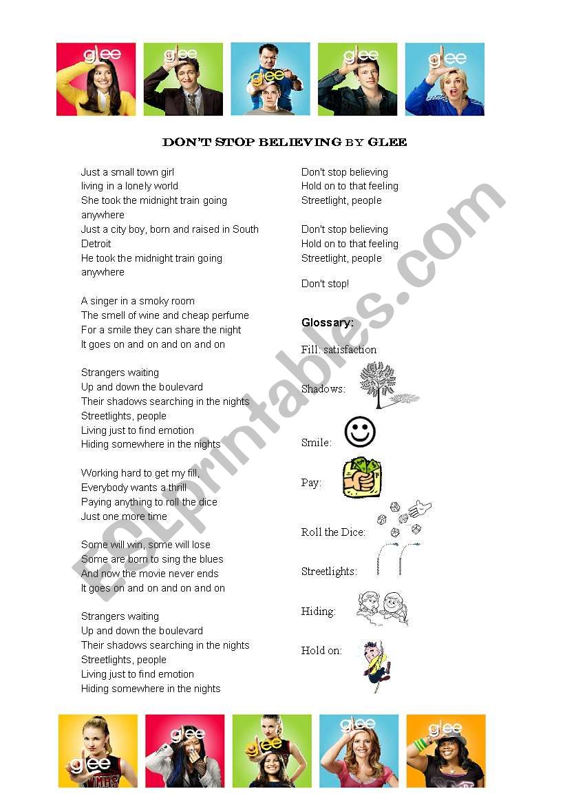 Don T Stop Believing By Glee Esl Worksheet By Paola Papasso