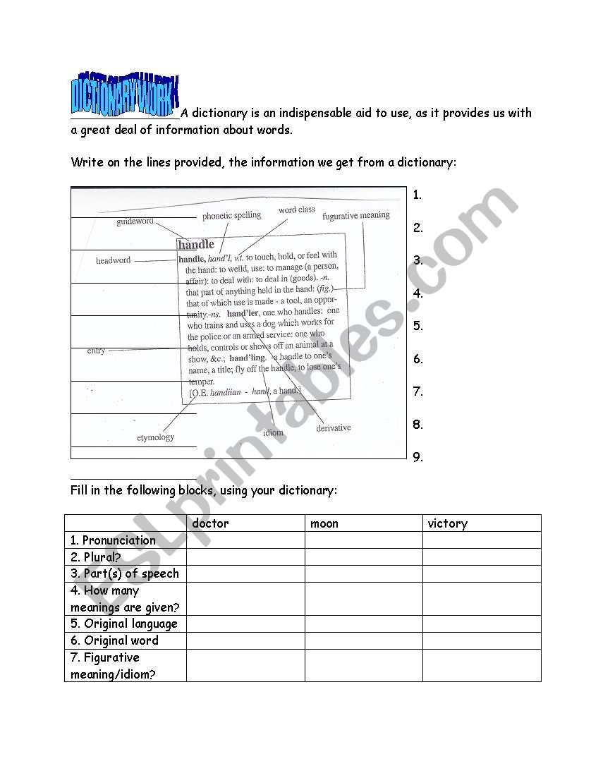 dictionary work esl worksheet by winterbabe