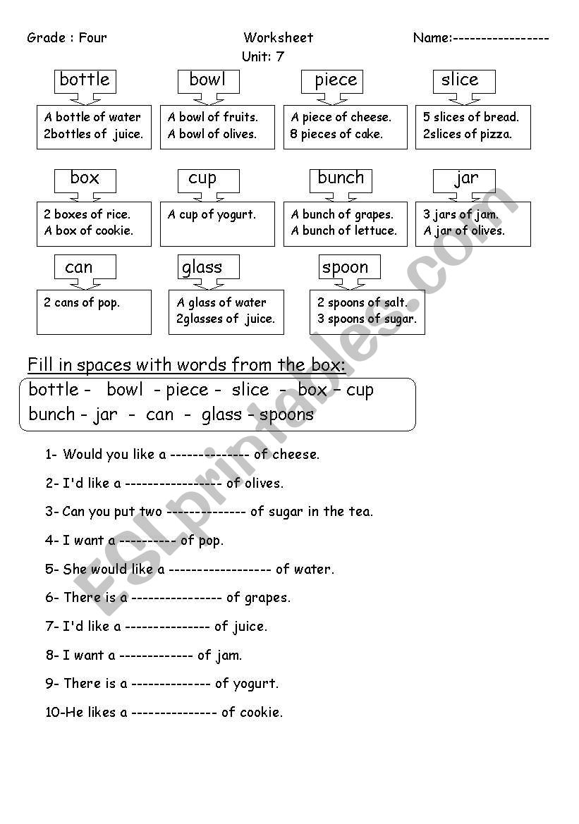 quanitiy of food worksheet