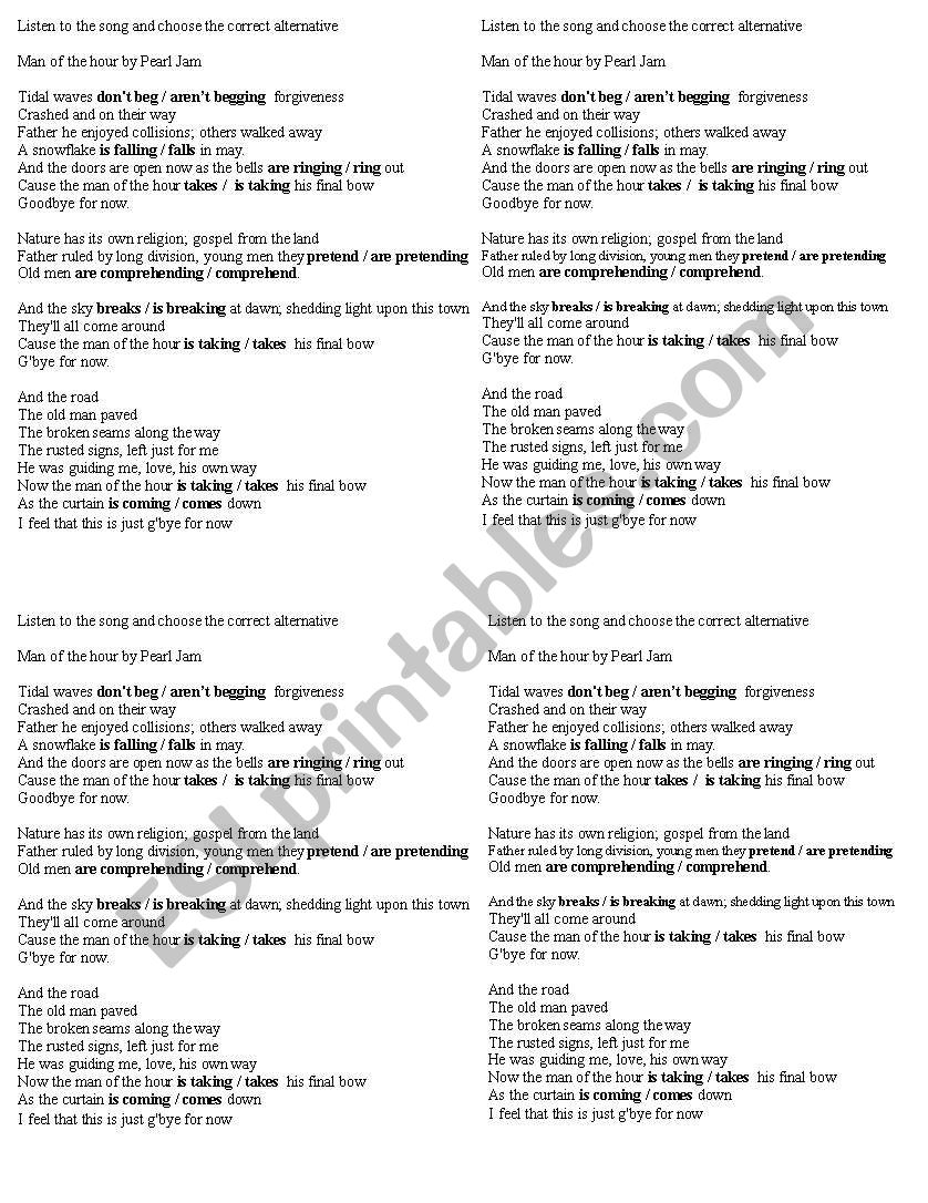 English worksheets: Man of the hour by Pearl Jam