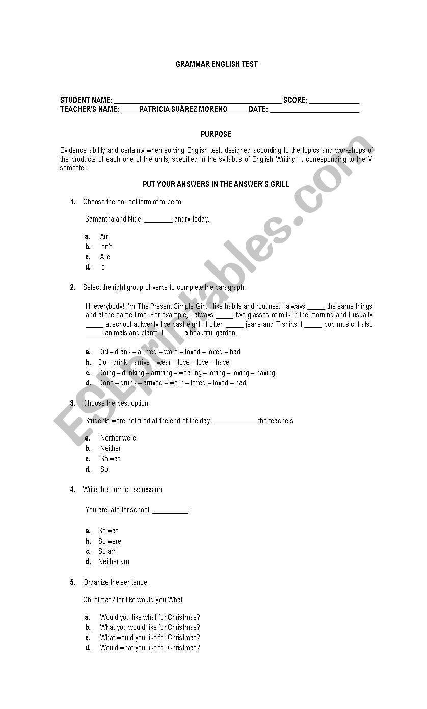 GRAMMAR ENGLISH TEST worksheet