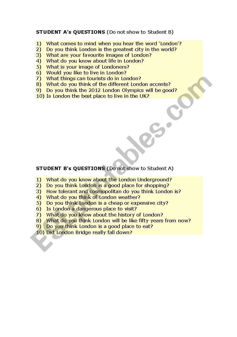 London Questions worksheet