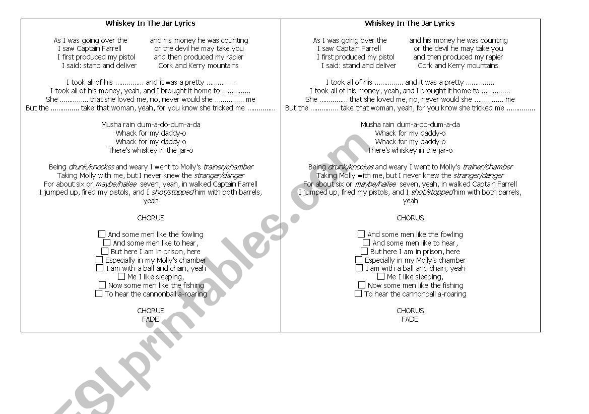 Whisky in the Jar SONG ESL worksheet by MAELISASUAREZ