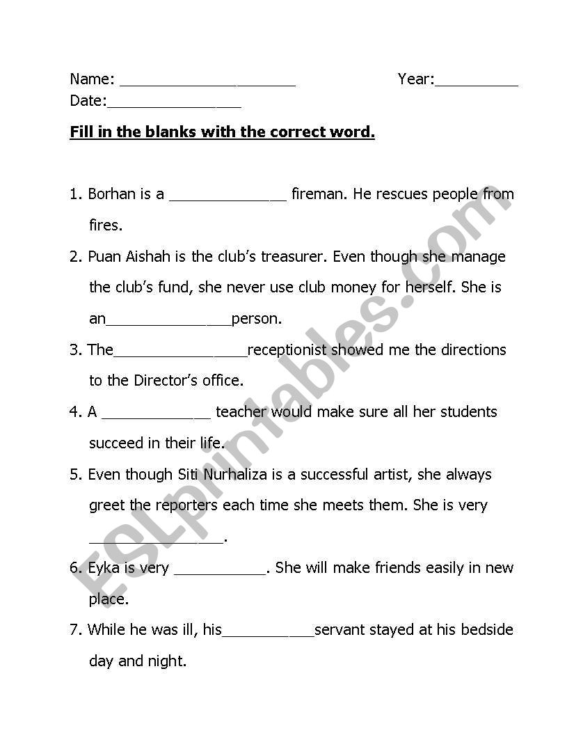 Personality adjective worksheet