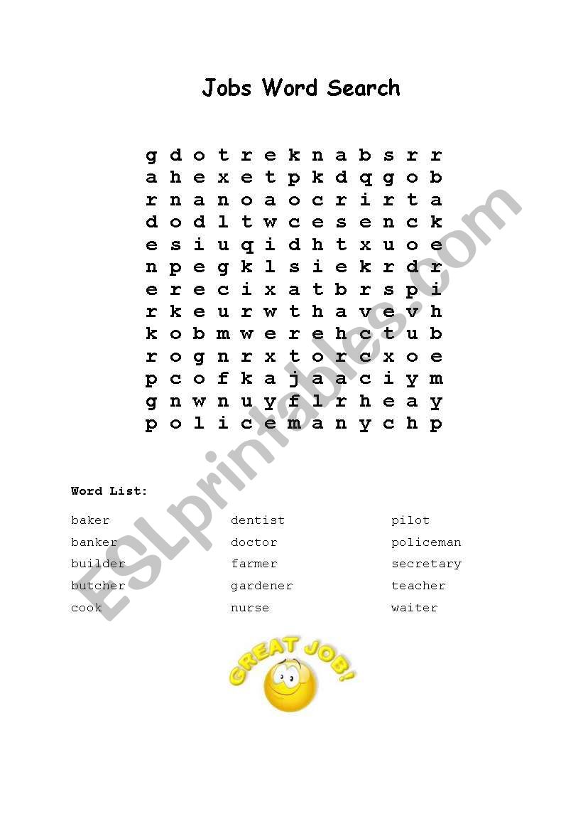 Jobs word search worksheet