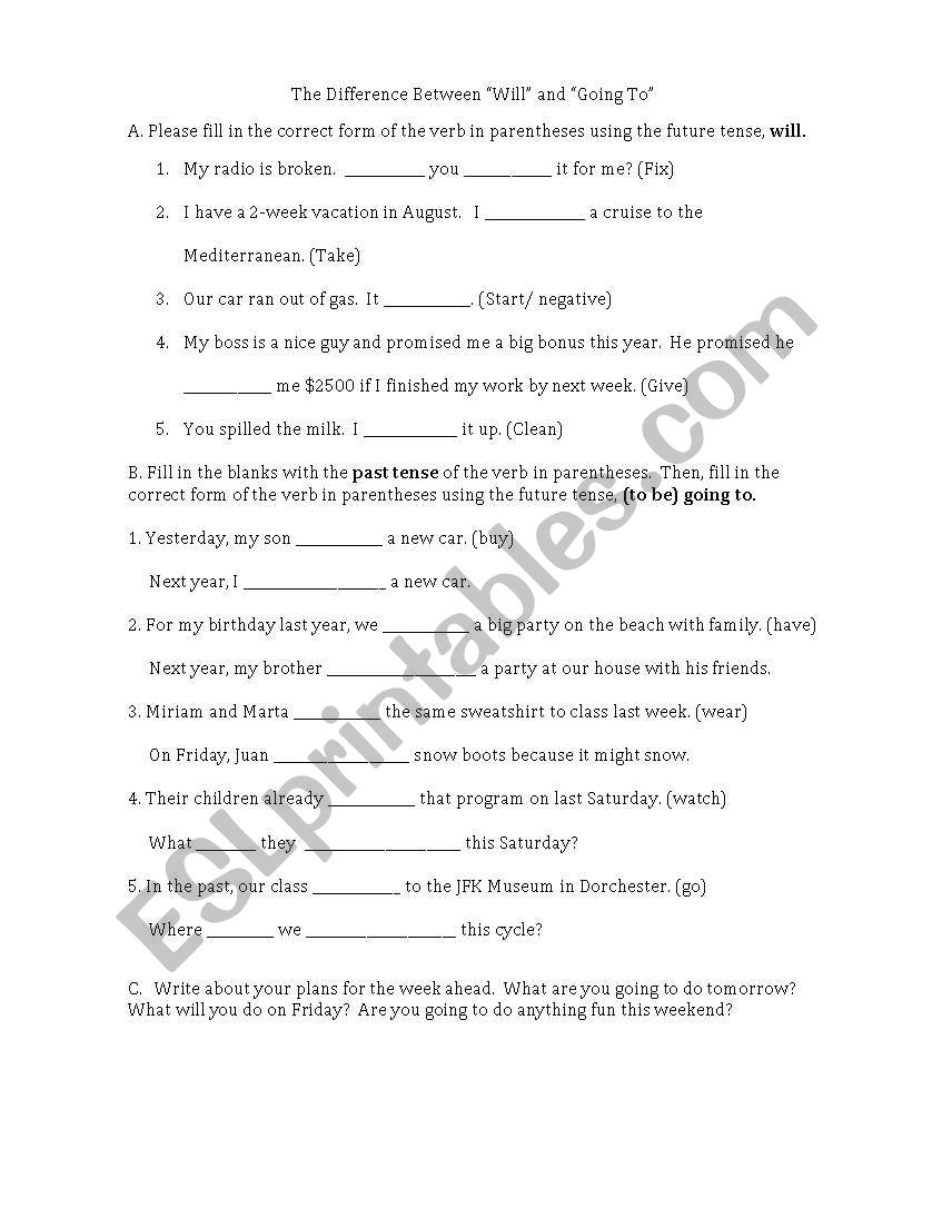 Will vs. Going To - ESL worksheet by samiradelalma