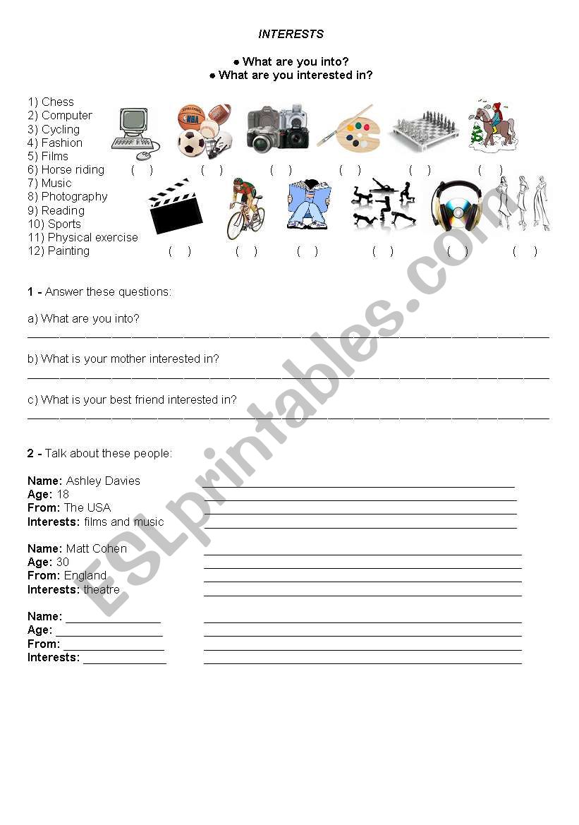 INTERESTS worksheet