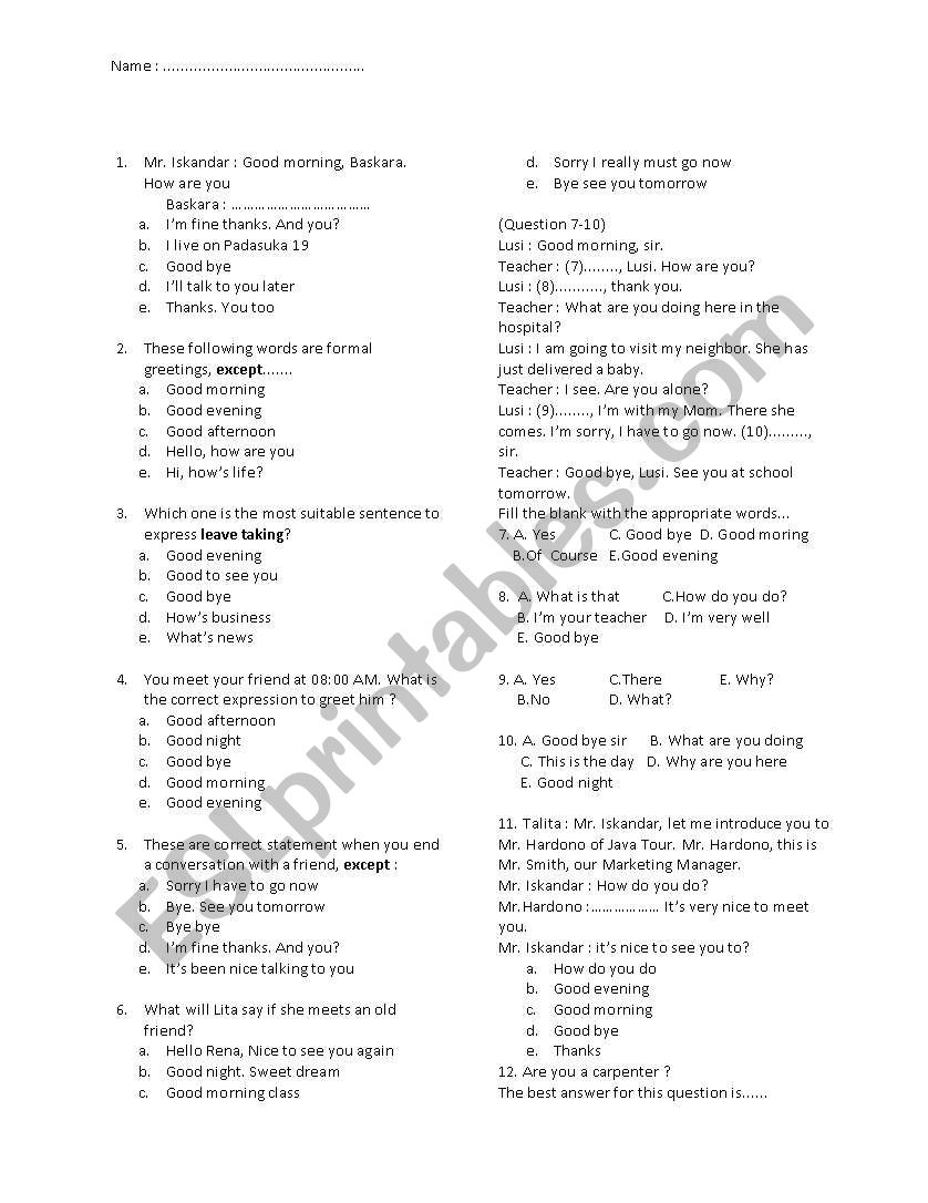 Mid Term Test worksheet