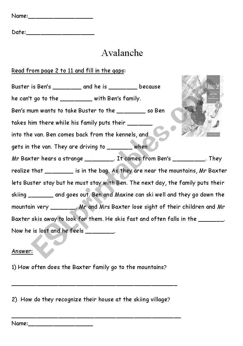Avalanche (by Mark Foster) worksheet
