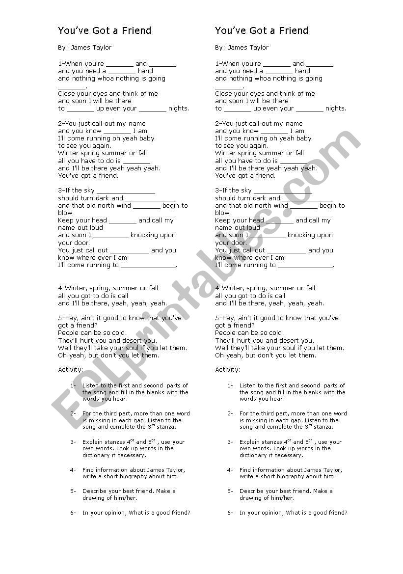 You Ve Got A Friend By James Taylor Song Esl Worksheet By Amrivero