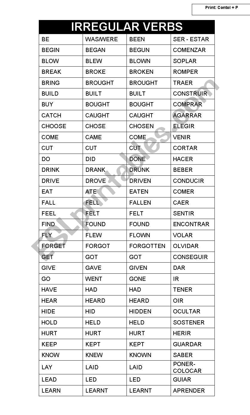 irregular verbs worksheet