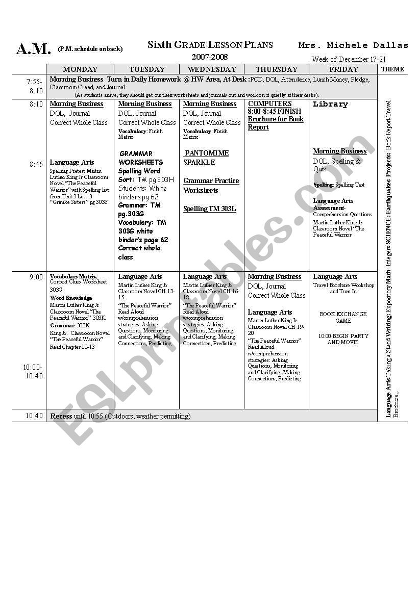 Weekly Lesson Plans worksheet